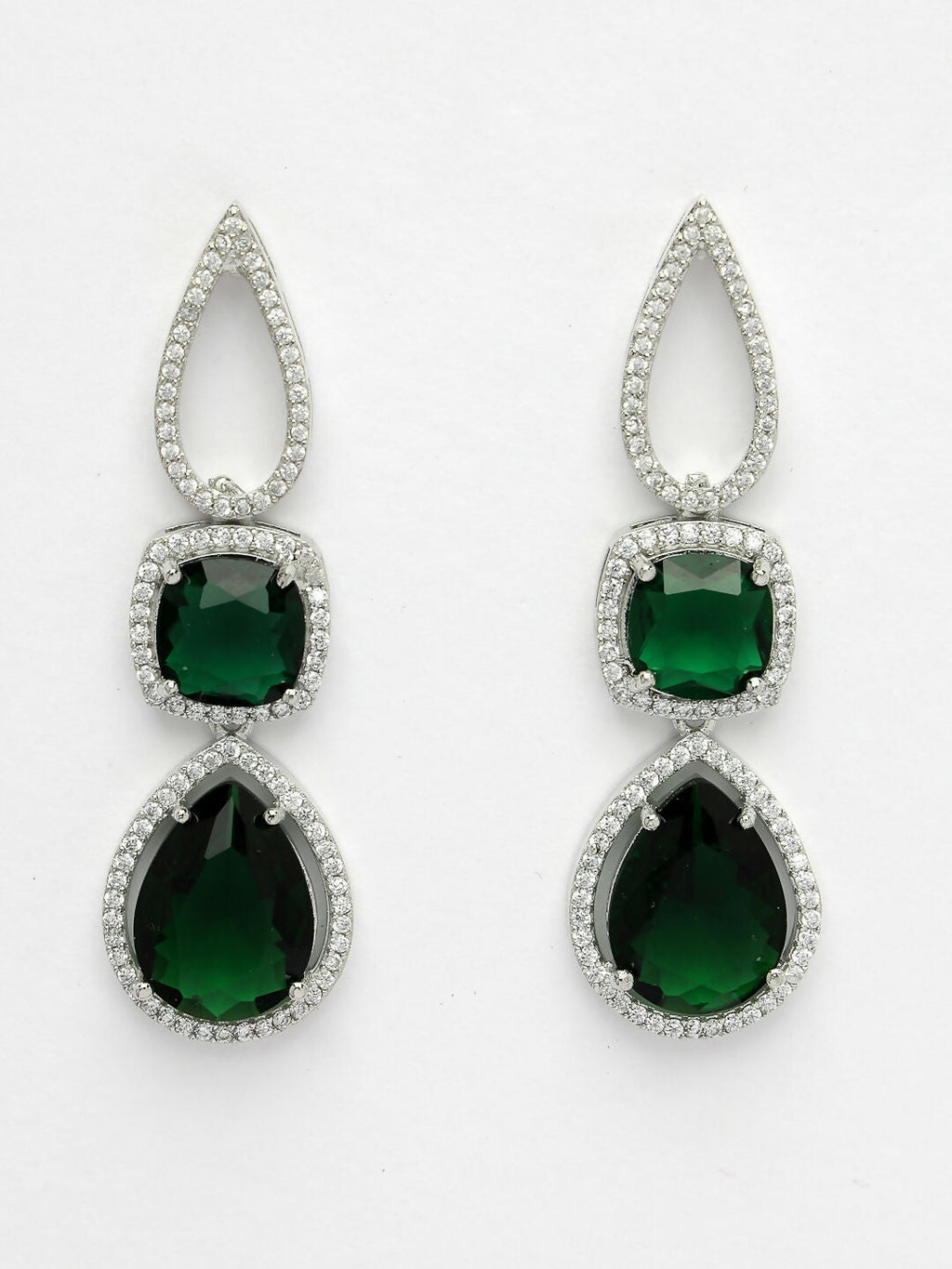 NVR Women's Green & Silver-Plated American Diamond Handcrafted Jewellery Set | Grocsy