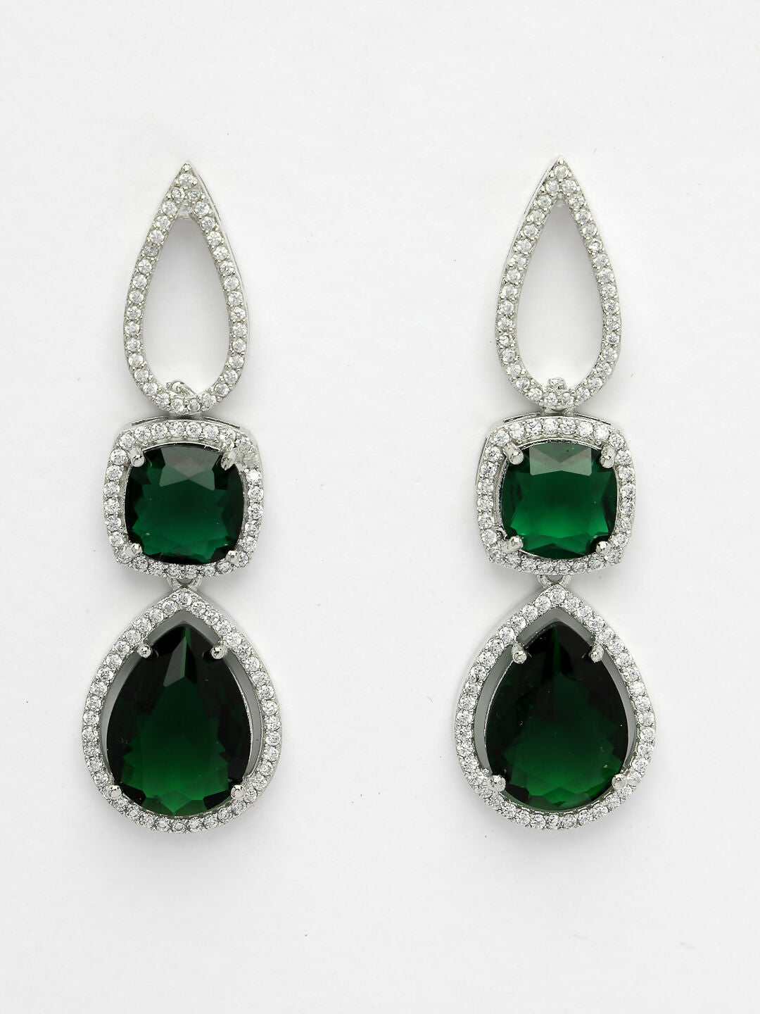 NVR Women's Green & Silver-Plated American Diamond Handcrafted Jewellery Set | Grocsy