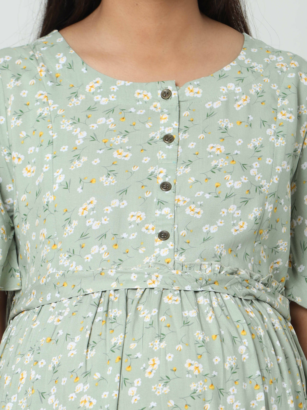 Manet Frill Slevees Maternity Dress Floral Print With Concealed Zipper Nursing Access - Green | Grocsy