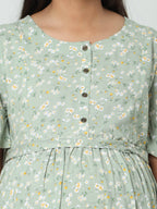 Manet Frill Slevees Maternity Dress Floral Print With Concealed Zipper Nursing Access - Green | Grocsy