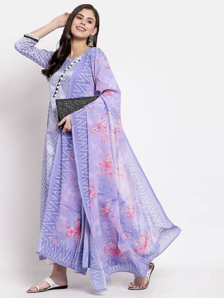 Myshka Women's Purple Silk Printed 3/4 Sleeve Round Neck Casual Anarkali Kurta Dupatta Set | Grocsy