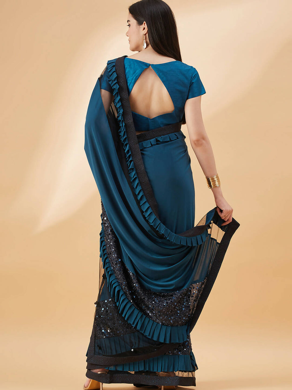Peacock Blue Lycra Sequins Fabric. Frill Details, Handwork Buttis Saree - Norita Hit Design | Grocsy