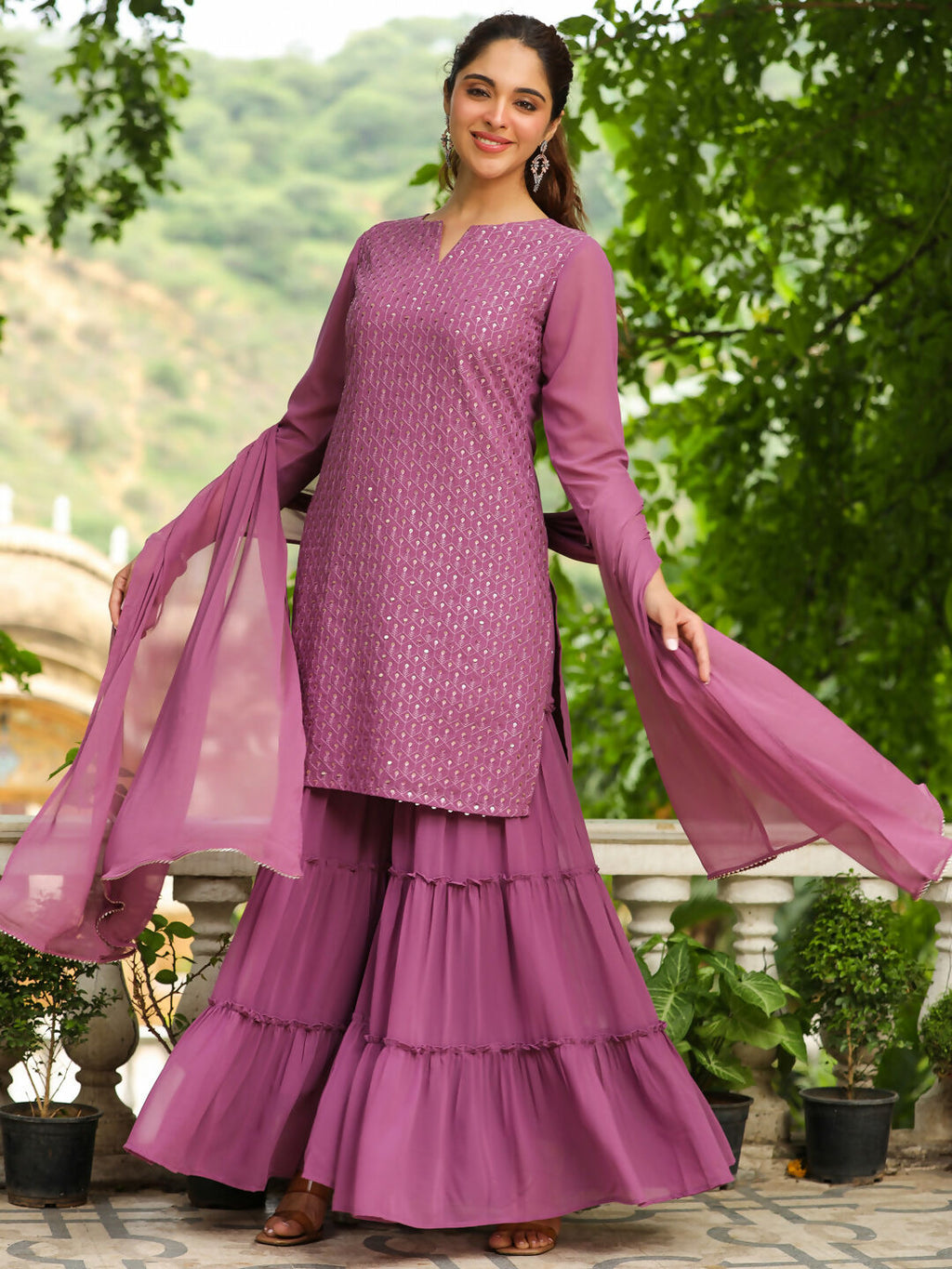 Janasya Lavender Georgette Embroidered Kurta,Bottom & Dupatta | Grocsy