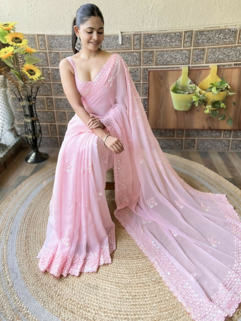 Pink Georgette Sequence Embroidery Cut Work Saree - Saadia | Grocsy