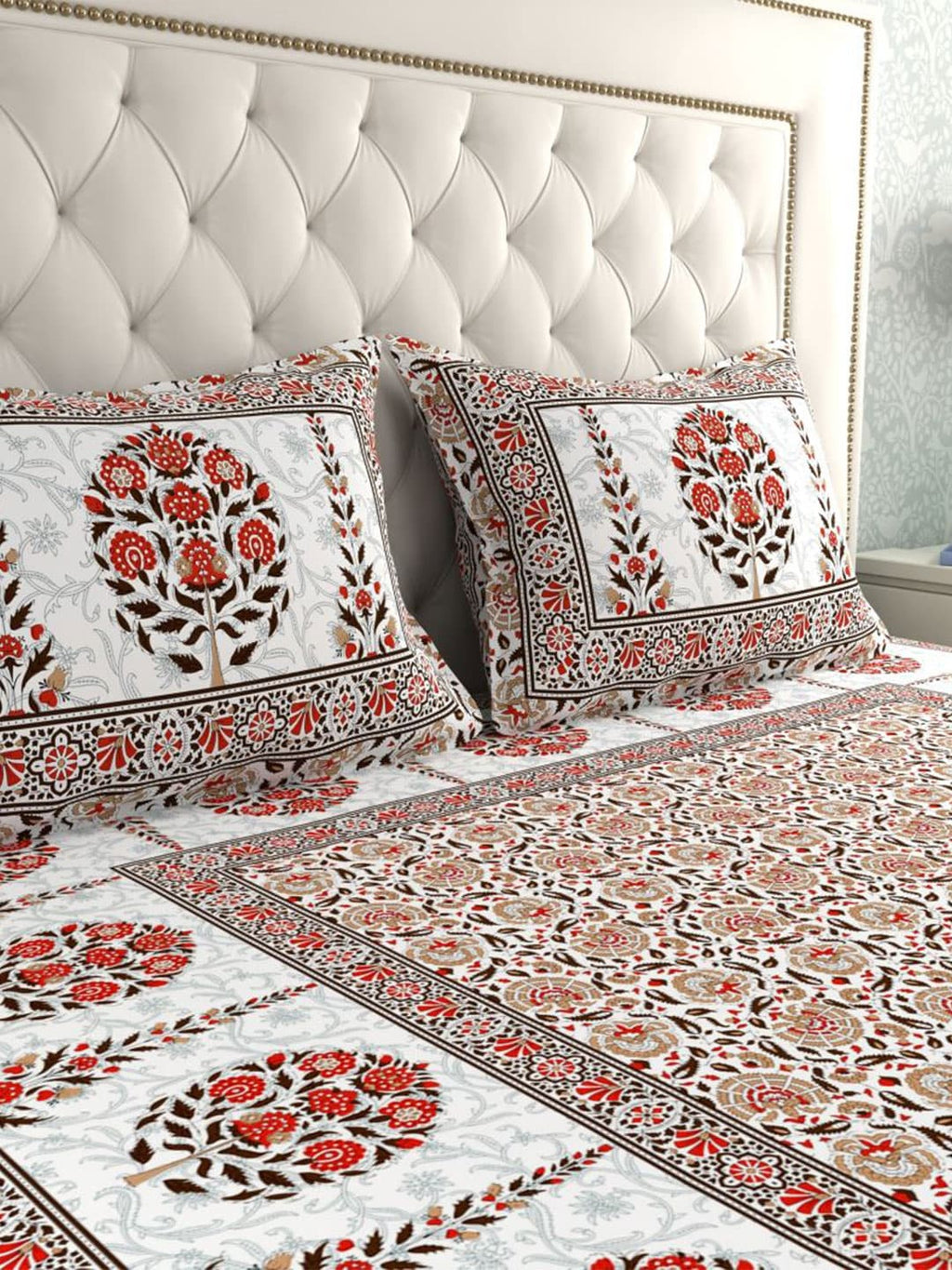 LA VERNE White & Maroon Ethnic Motifs 140 TC Cotton King Bedsheet With 2 Pillow Covers | Grocsy