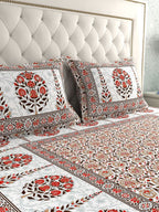 LA VERNE White & Maroon Ethnic Motifs 140 TC Cotton King Bedsheet With 2 Pillow Covers | Grocsy