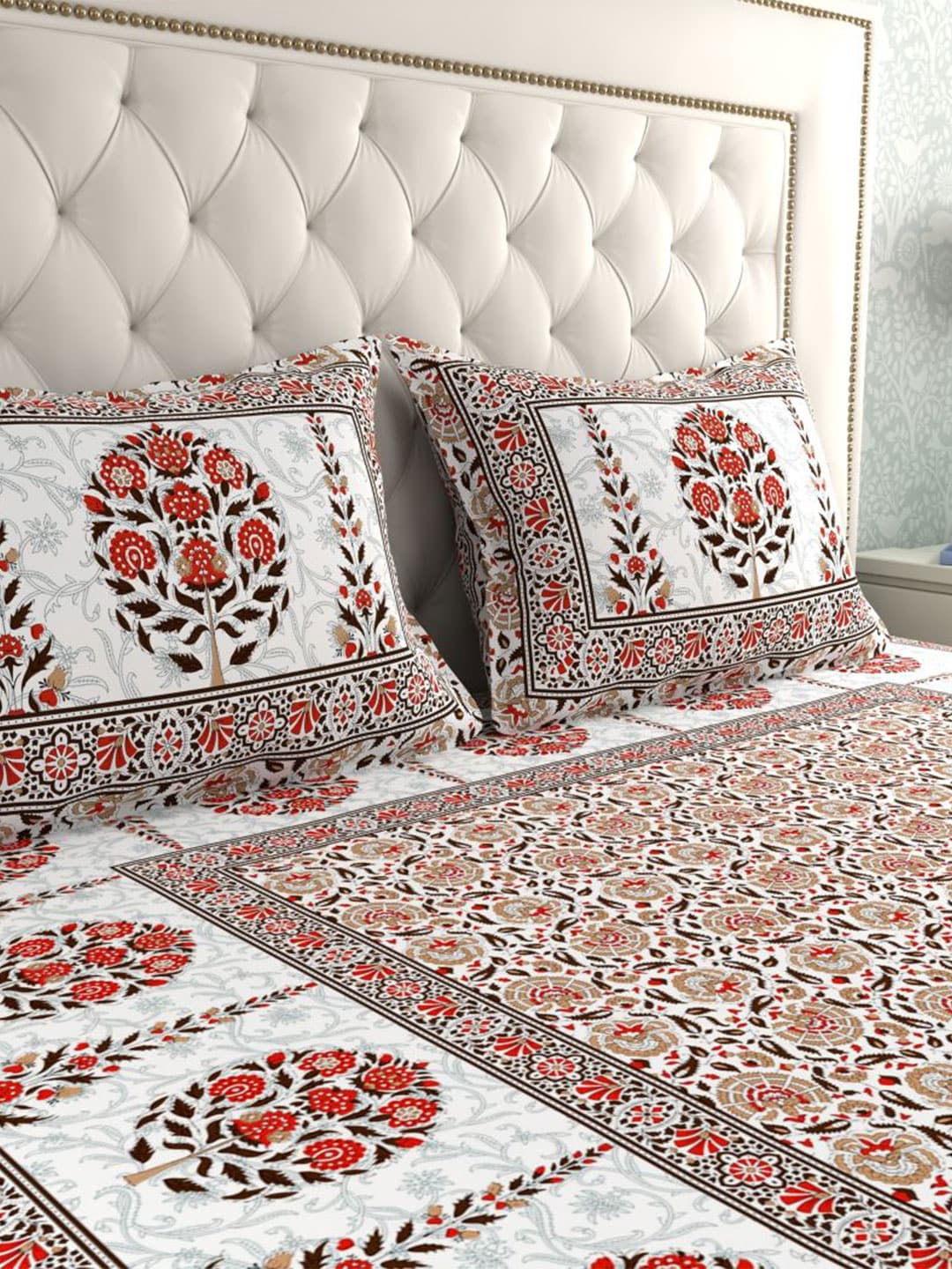 LA VERNE White & Maroon Ethnic Motifs 140 TC Cotton King Bedsheet With 2 Pillow Covers | Grocsy