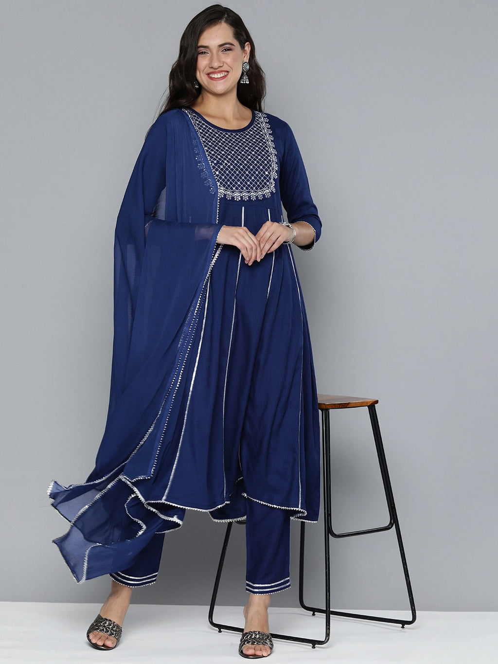 HERE&NOW Ethnic Motifs Embroidered Gotta Patti Kurta With Trousers & With Dupatta | Grocsy
