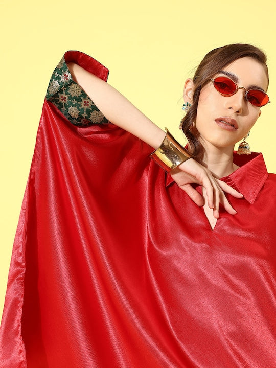 InWeave Women's Red Green Brocade Satin Boho Kurta Palazzo Set | Grocsy