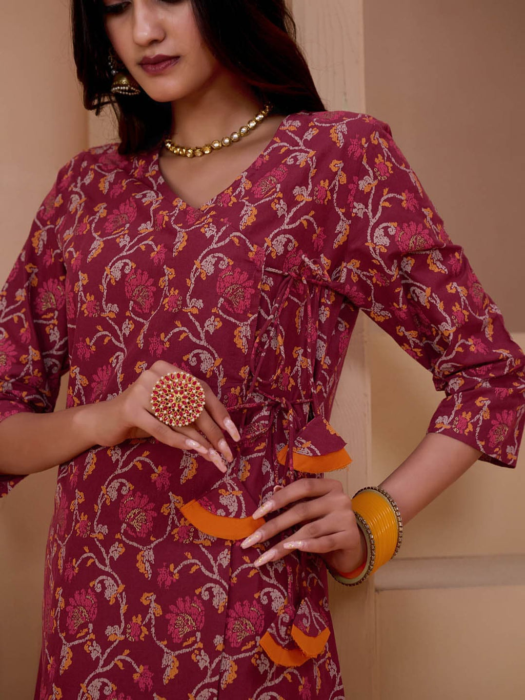 Sangria Maroon & Orange Printed V Neck Pure Cotton Angrakha Kurta With Trousers & Dupatta | Grocsy