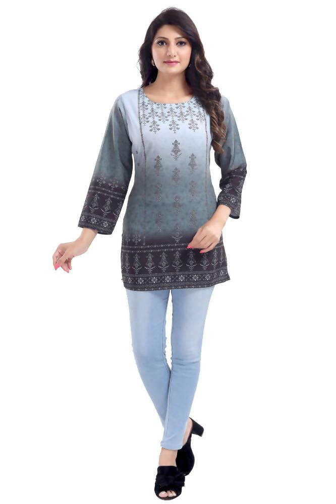 Snehal Creations Gray Color Faux Crepe Printed Short Kurti Tunic | Grocsy