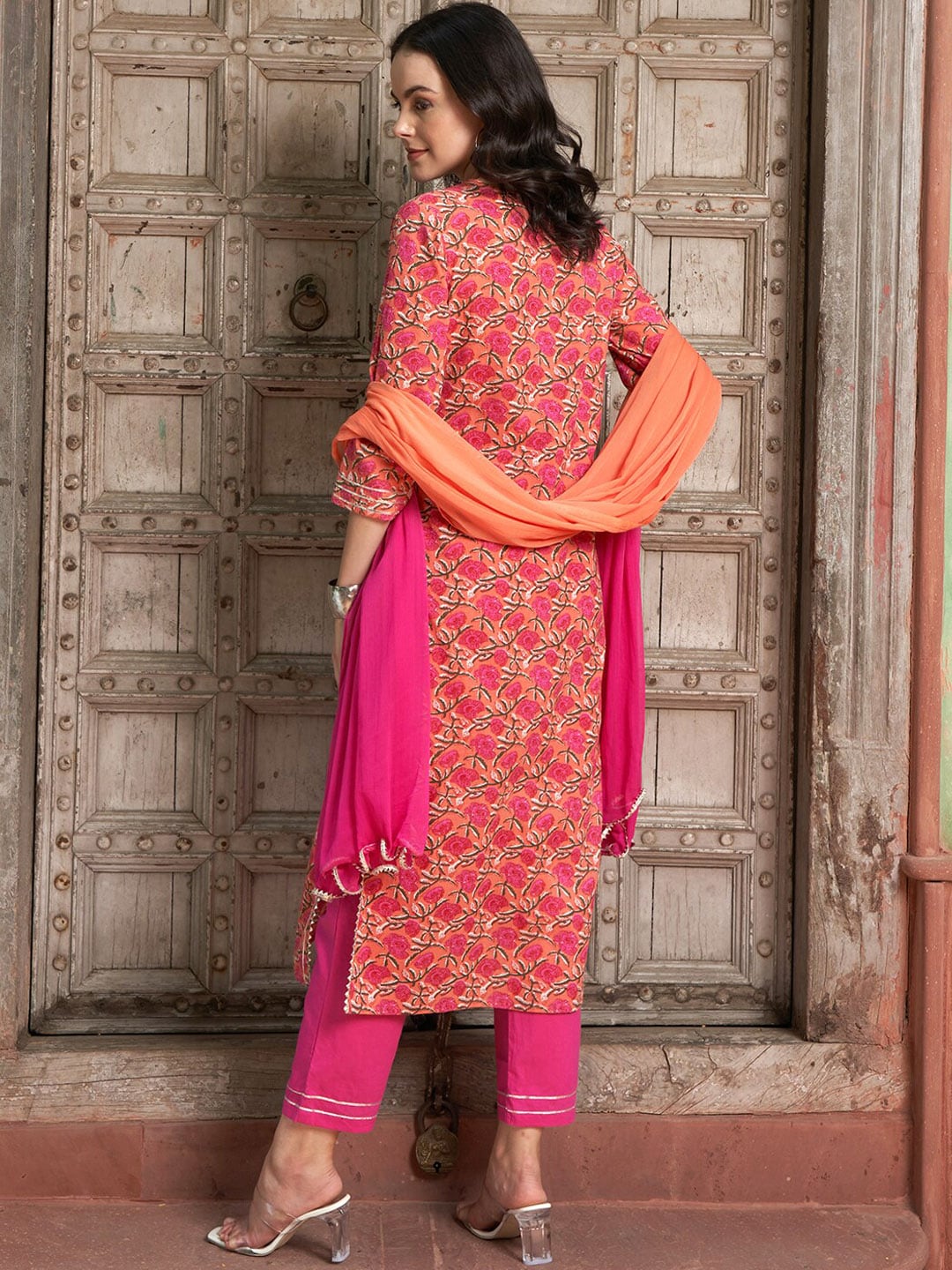 Sangria Floral Printed Gotta Patti Pure Cotton Straight Kurta with Trousers & Dupatta | Grocsy