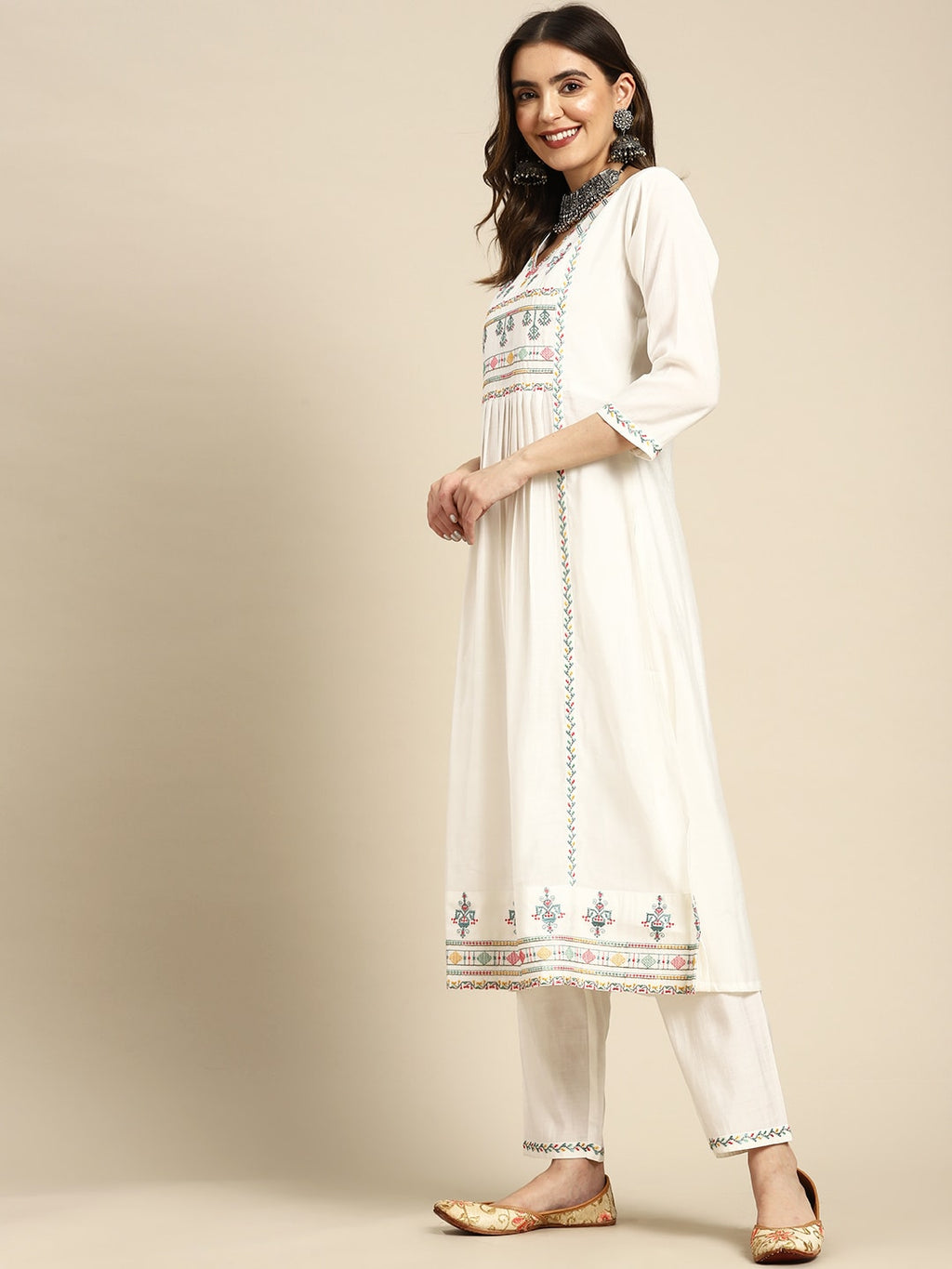Sangria Ethnic Motifs Yoke Design Regular Thread Work Kurta with Trousers & With Dupatta | Grocsy