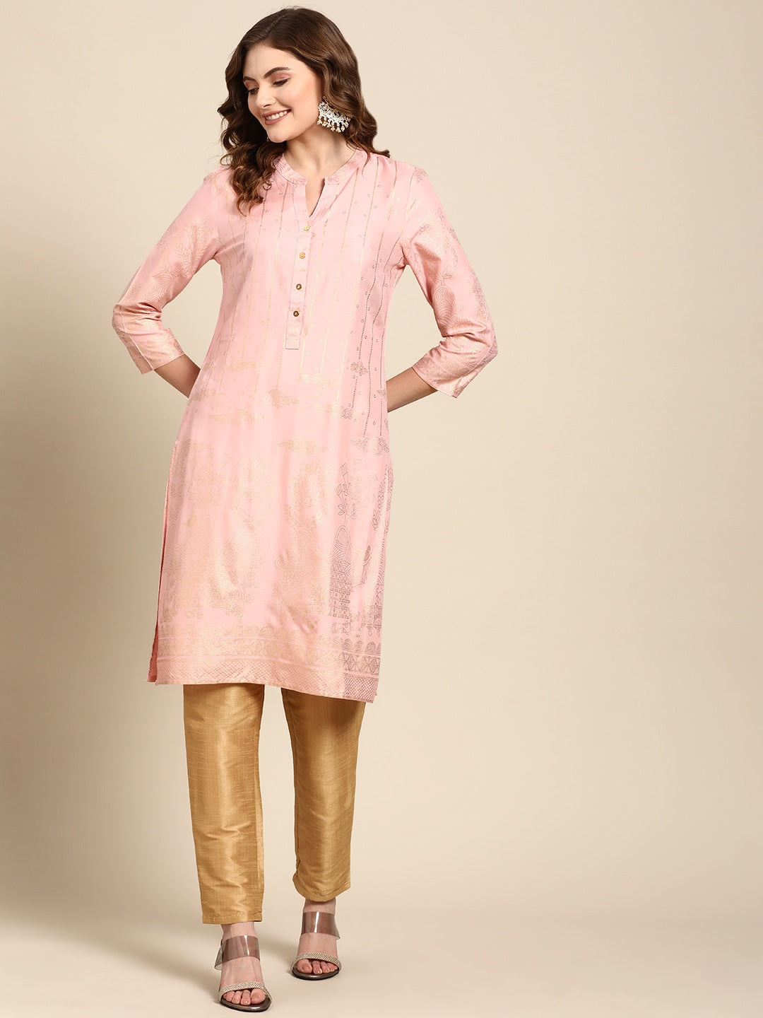 Sangria Women Pink & Yellow Ethnic Motifs Printed Kurta | Grocsy