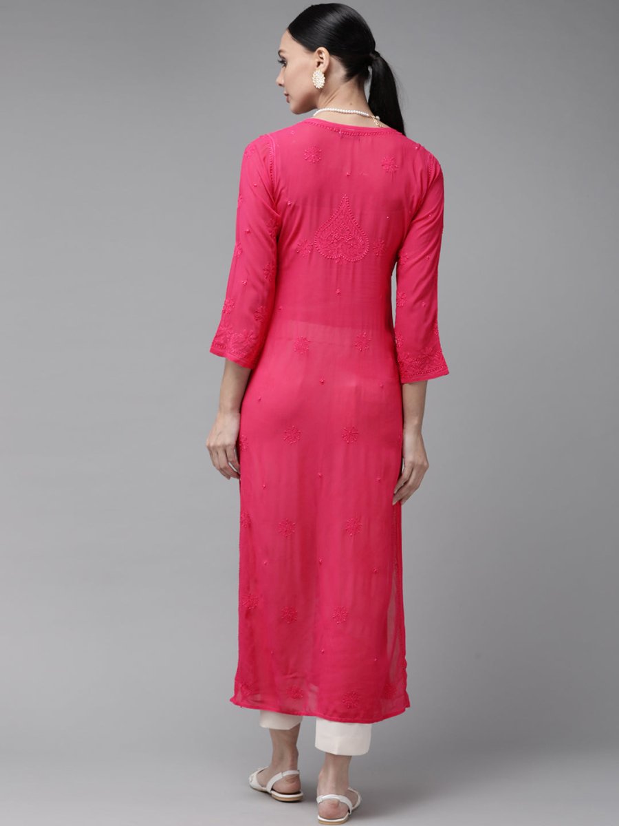 ADA Women Magenta & Magenta Ethnic Motifs Embroidered Chikankari Georgette Kurta | Grocsy