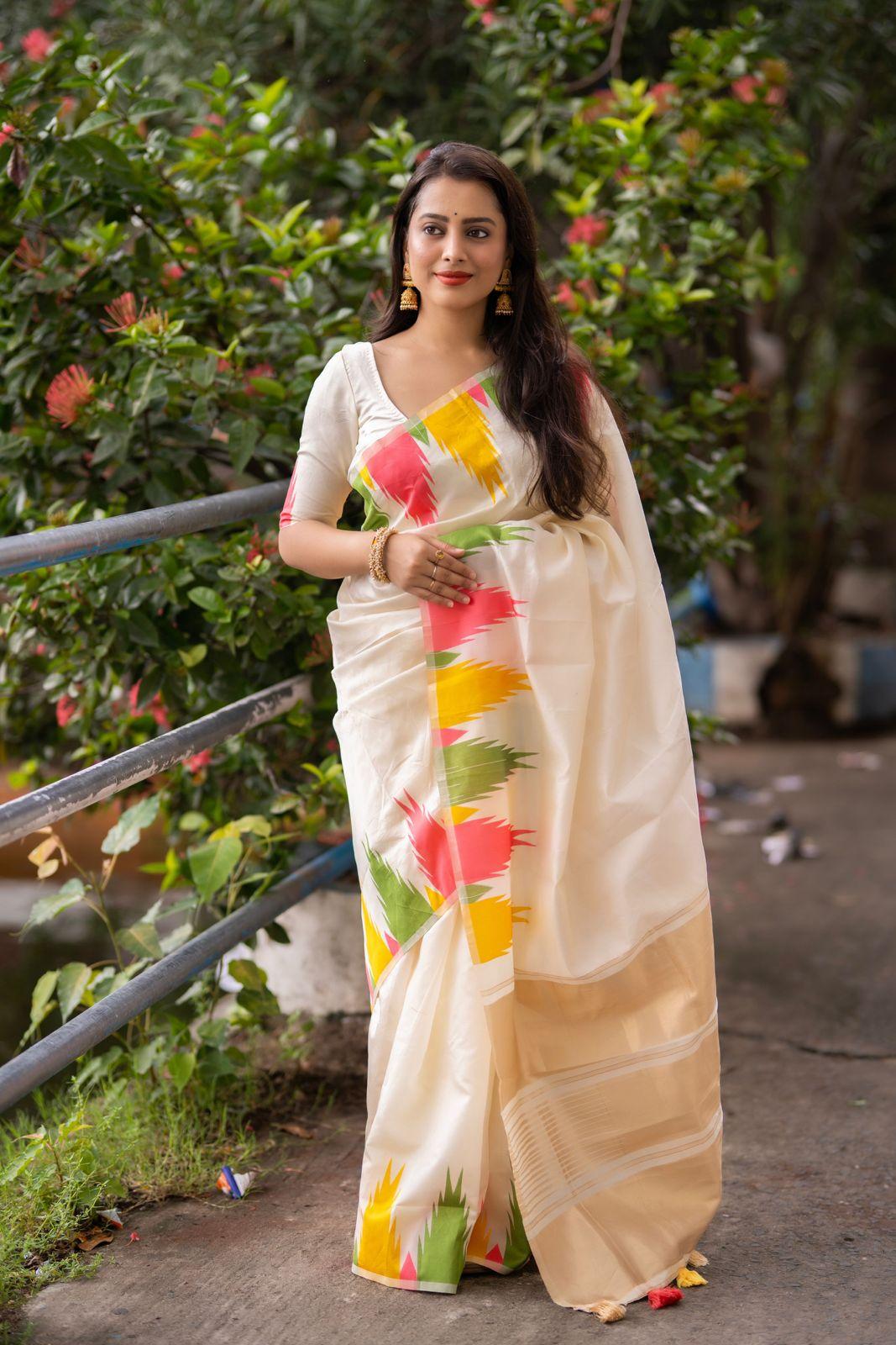 Cream Polycotton Woven Design Saree with Unstitched Blouse - A2M | Grocsy