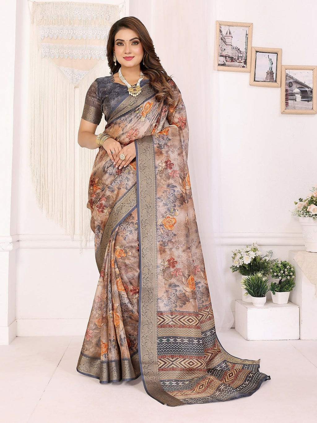 Joban Fashion Grey Floral Print pattern Banarasi Silk Sarees | Grocsy