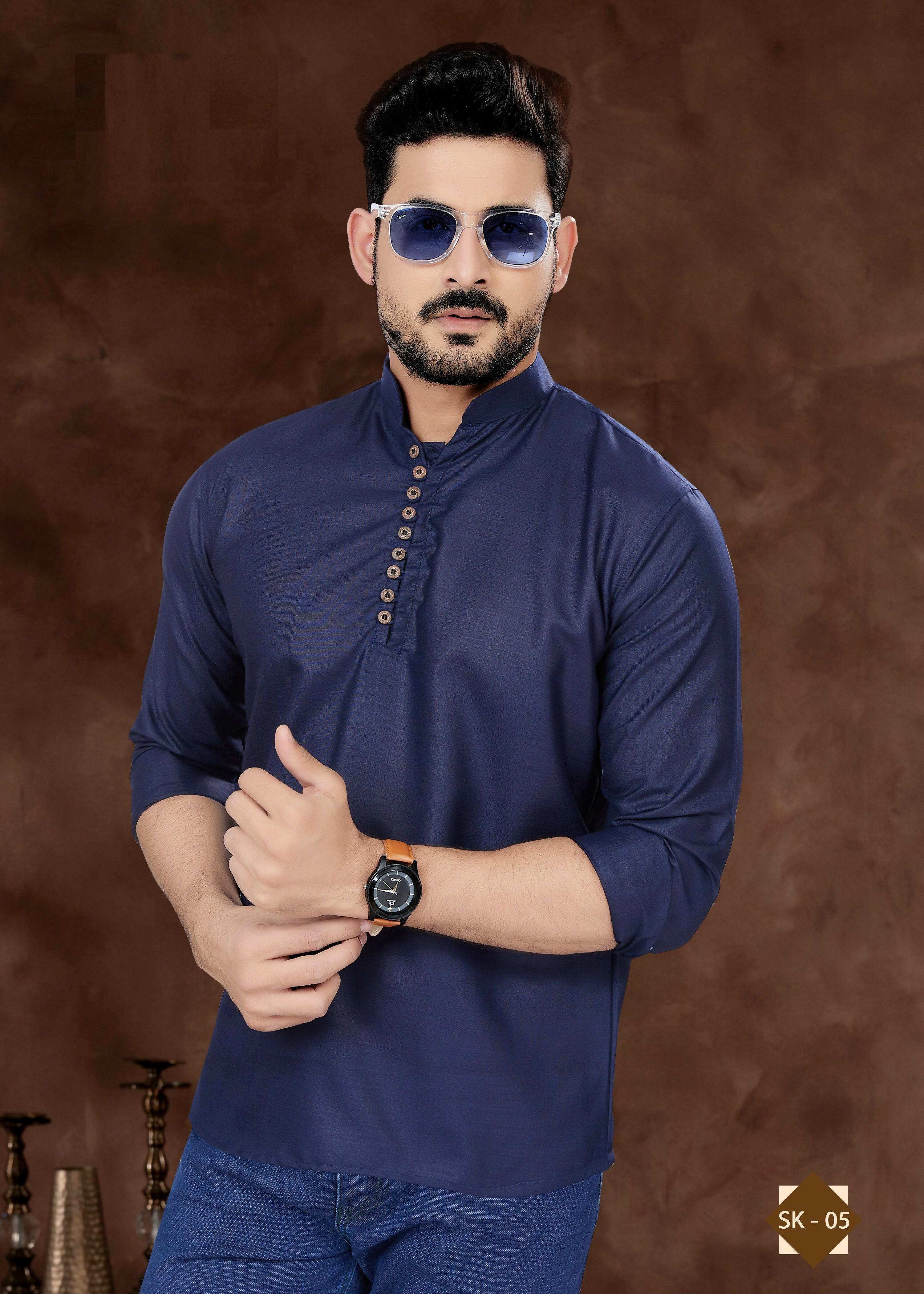 Joban Fashion Men's Pure Cotton Navy Blue Plain Short Kurta | Grocsy