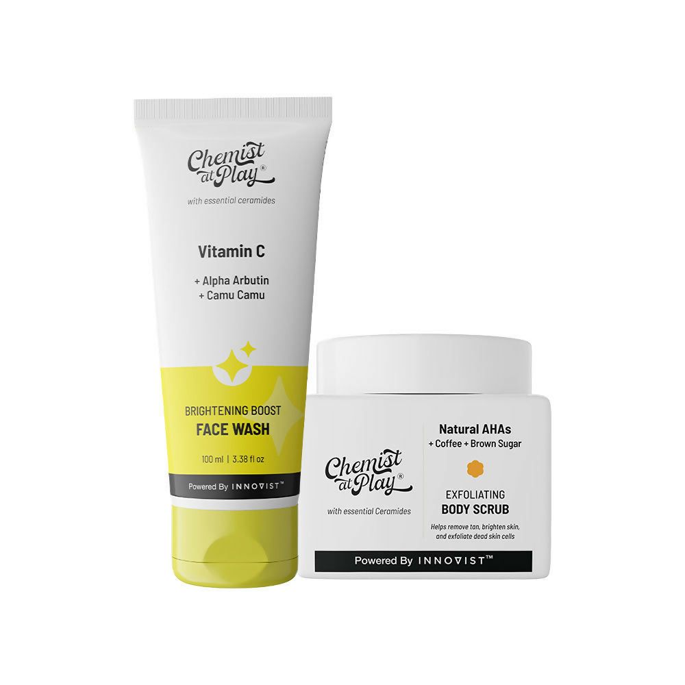 Chemist At Play Exfoliating Body Scrub + Brightening Boost Vitamin C Face Wash Combo | Grocsy