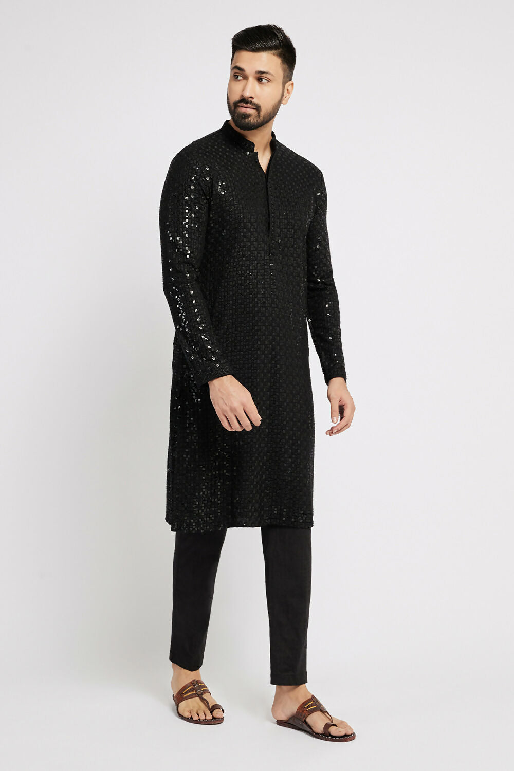 Ethnic India Black Men's Kurta Embellished Viscose Rayon | Grocsy
