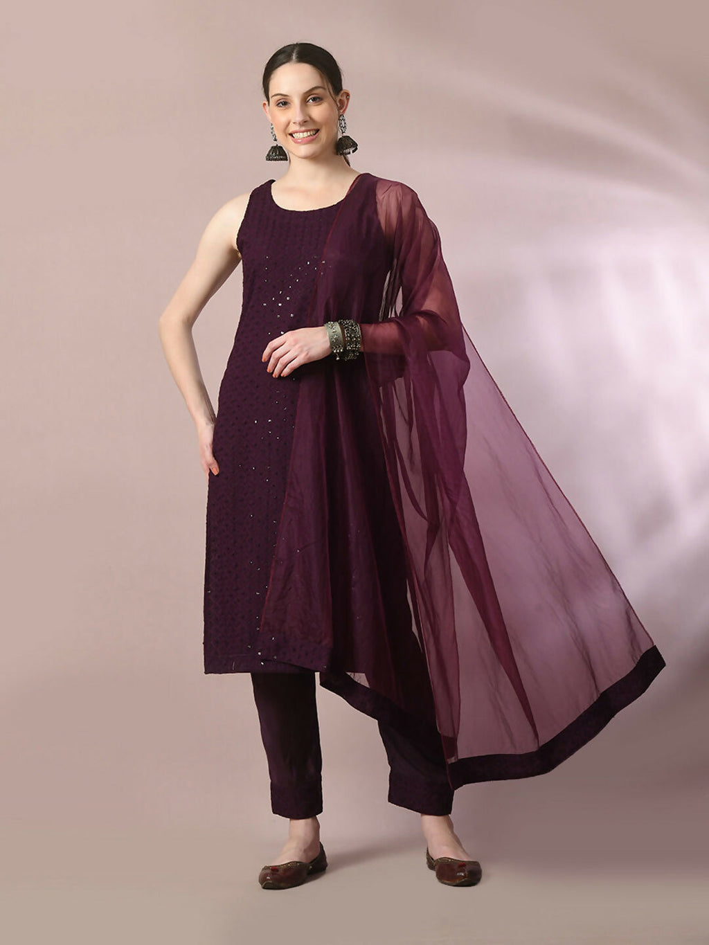 Myshka Women's Magenta Embroidered Cotton Straight Party Kurta Set With Dupatta | Grocsy