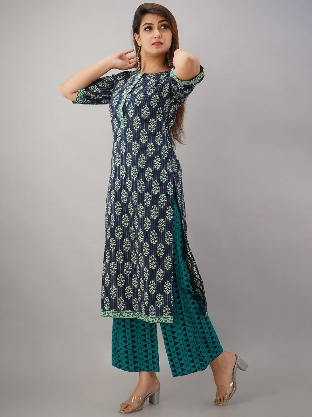 HERE&NOW Turquoise Blue Floral Printed Regular Kurta with Palazzos | Grocsy