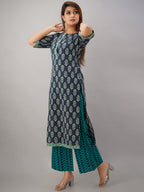 HERE&NOW Turquoise Blue Floral Printed Regular Kurta with Palazzos | Grocsy