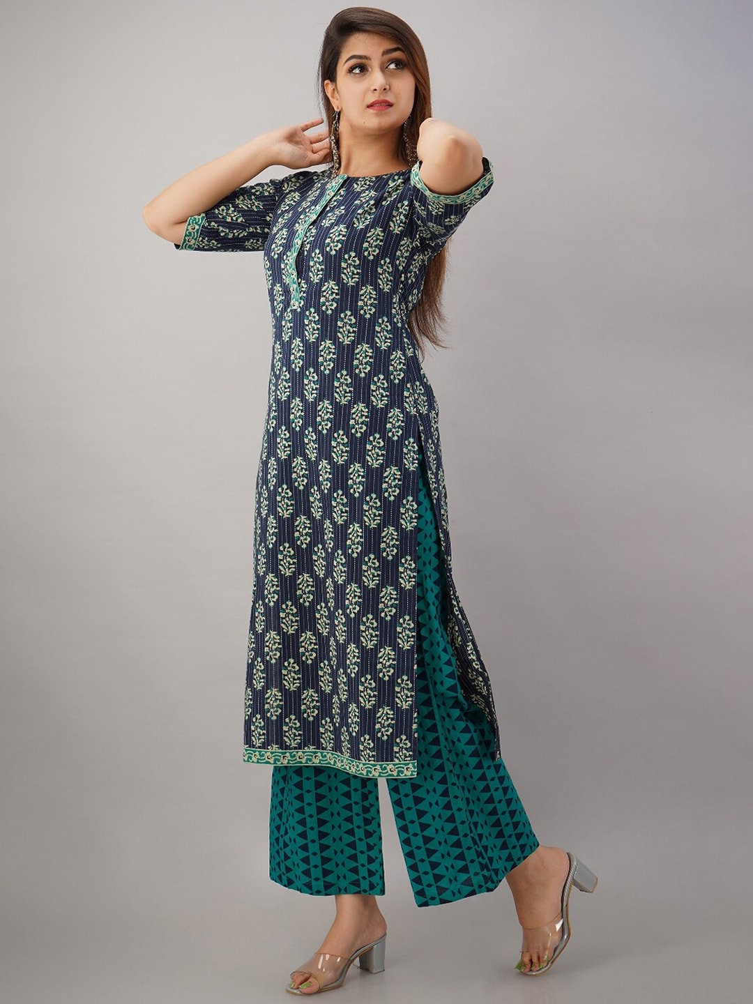 HERE&NOW Turquoise Blue Floral Printed Regular Kurta with Palazzos | Grocsy
