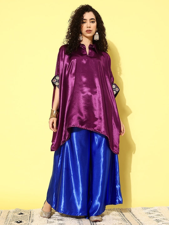 InWeave Women's Wine Navy Brocade Satin Boho Blue Palazzo Set | Grocsy