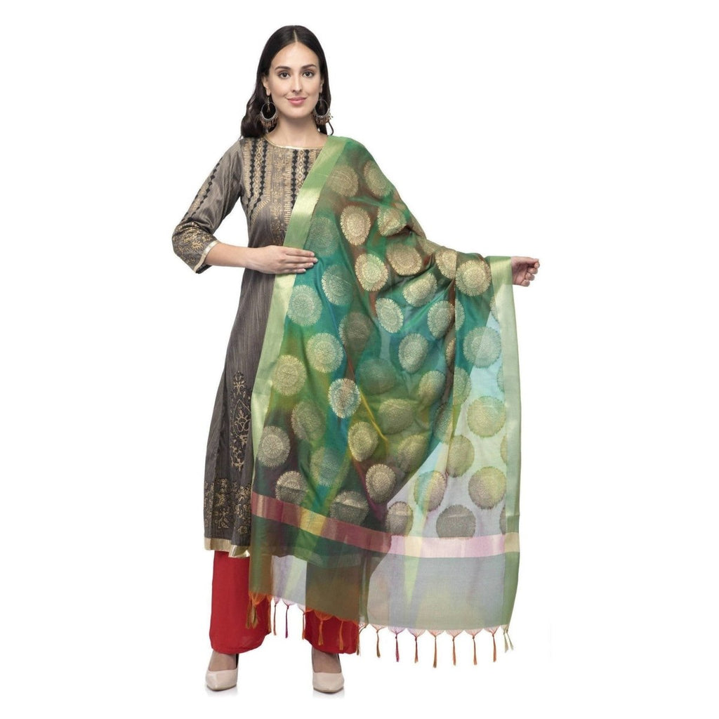 A R Silk Women's Vanarsi Green Silk Zari Embroidery With Multi Color Fancy Dupatta | Grocsy