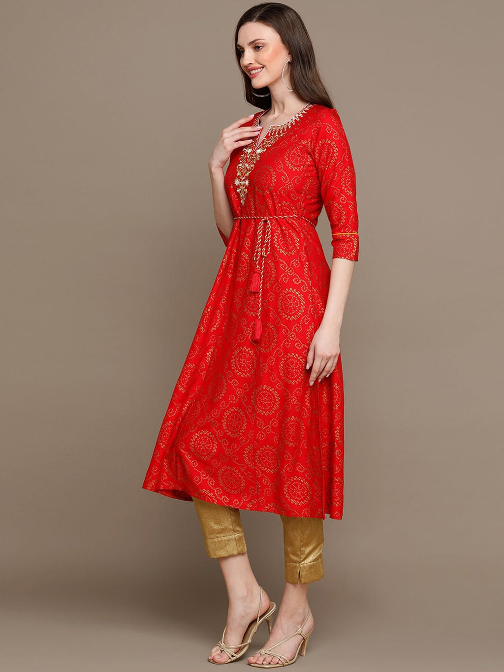 HERE&NOW Bandhani Printed Thread Work Embroidered Anarkali Kurta | Grocsy