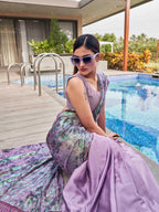 Tikhi Imli Mauve Abstract Printed Satin Half and Half Saree | Grocsy
