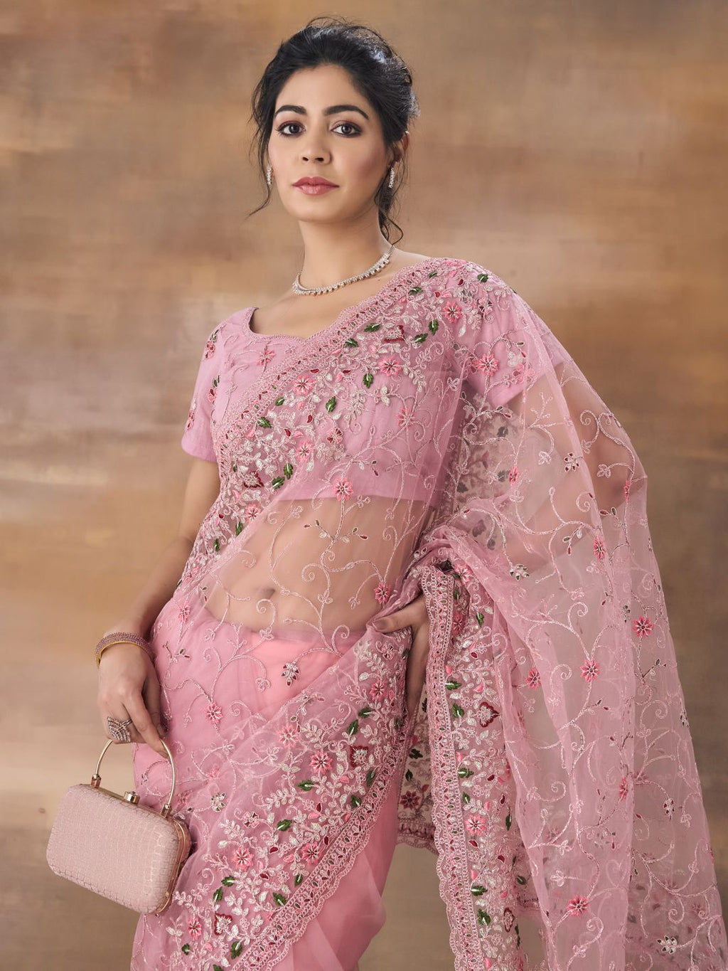 kasee Floral Embroidered Net Saree With Blouse Piece | Grocsy