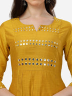HERE&NOW Women Mustard Yellow Embroidered Panelled Mirror Work Kurta with Trousers | Grocsy