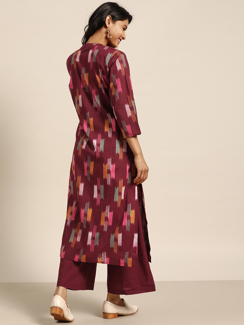 Sangria Women Burgundy & Mustard Yellow Abstract Print Cotton Kurta with Trousers | Grocsy