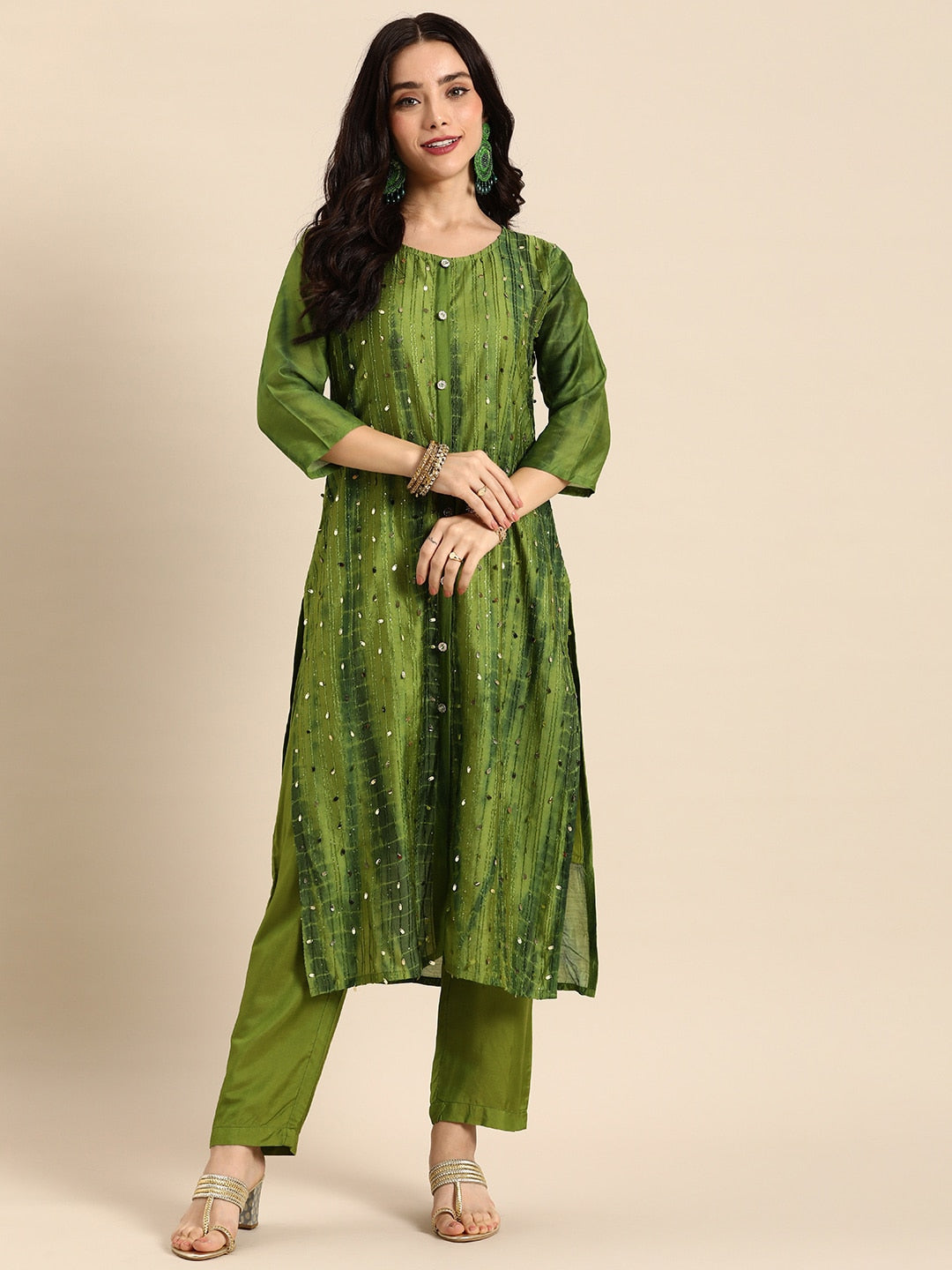 Sangria Women Dyed Regular Sequinned Kurta with Trousers | Grocsy