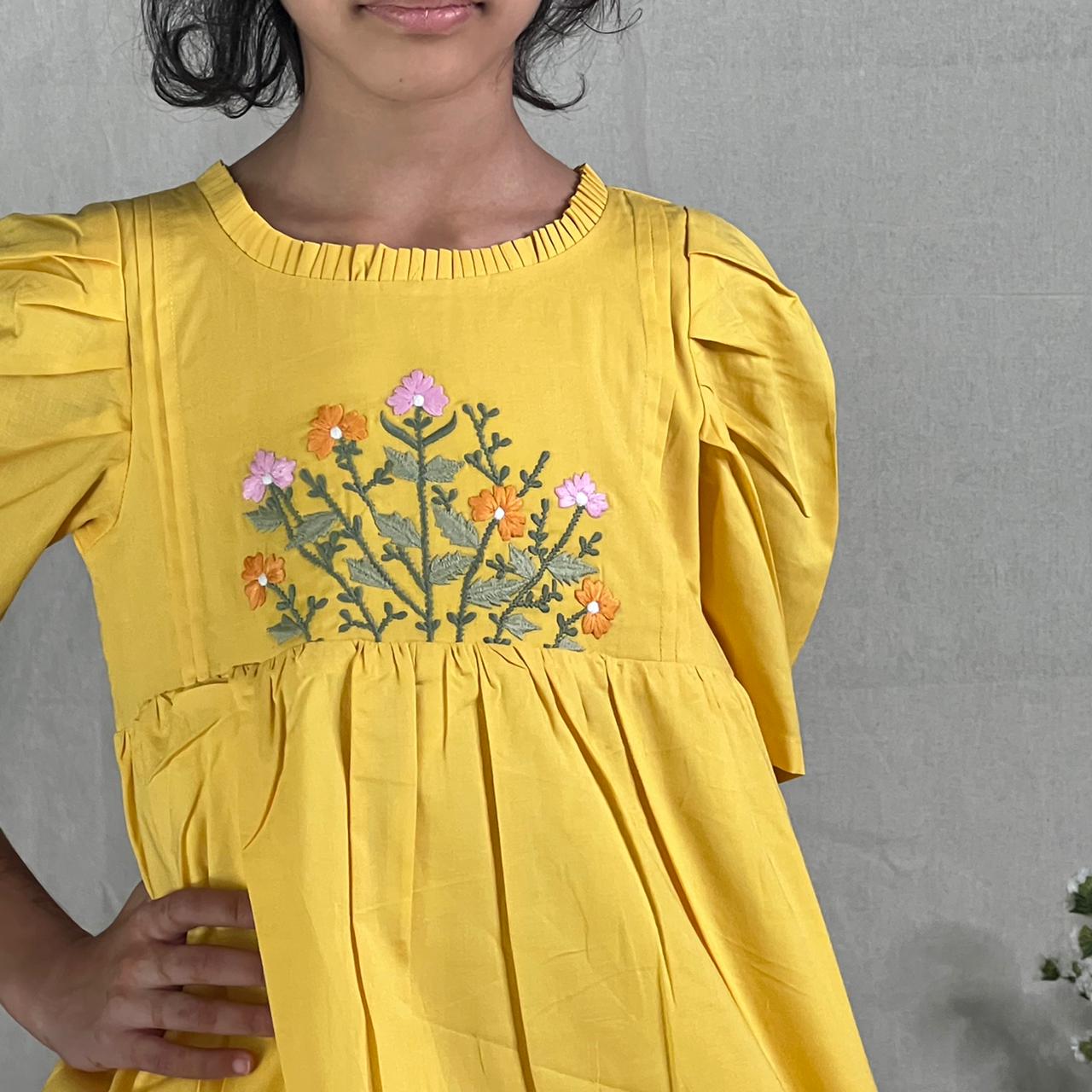 ArthLife Yellow Flower Embroidered Dress | Grocsy