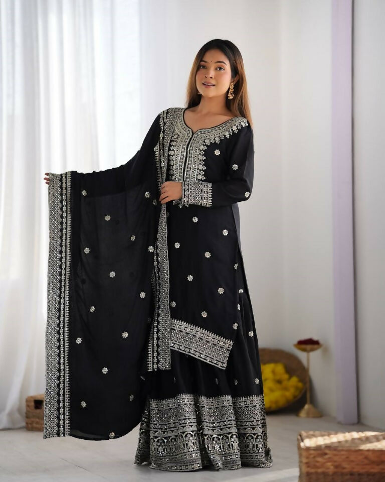 Teeya Creation Black Colour Chinnon Silk Heavy Embroidery Work Fully Stitched Salwar Suit | Grocsy