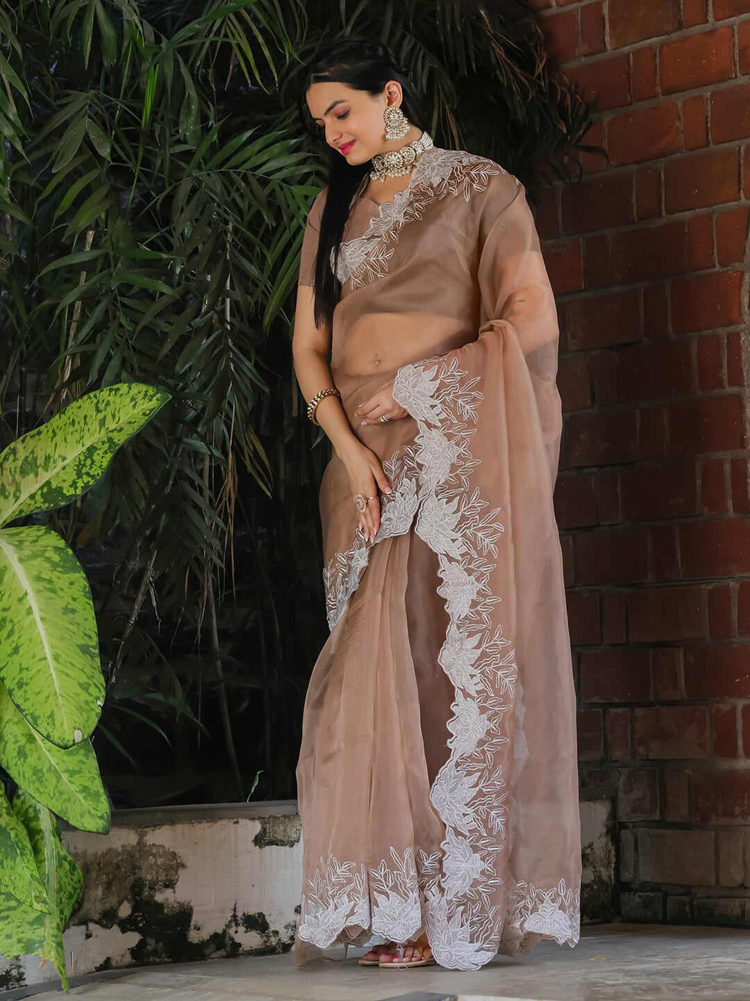 Tikhi Imli Beige Embroidered Organza Saree | Grocsy