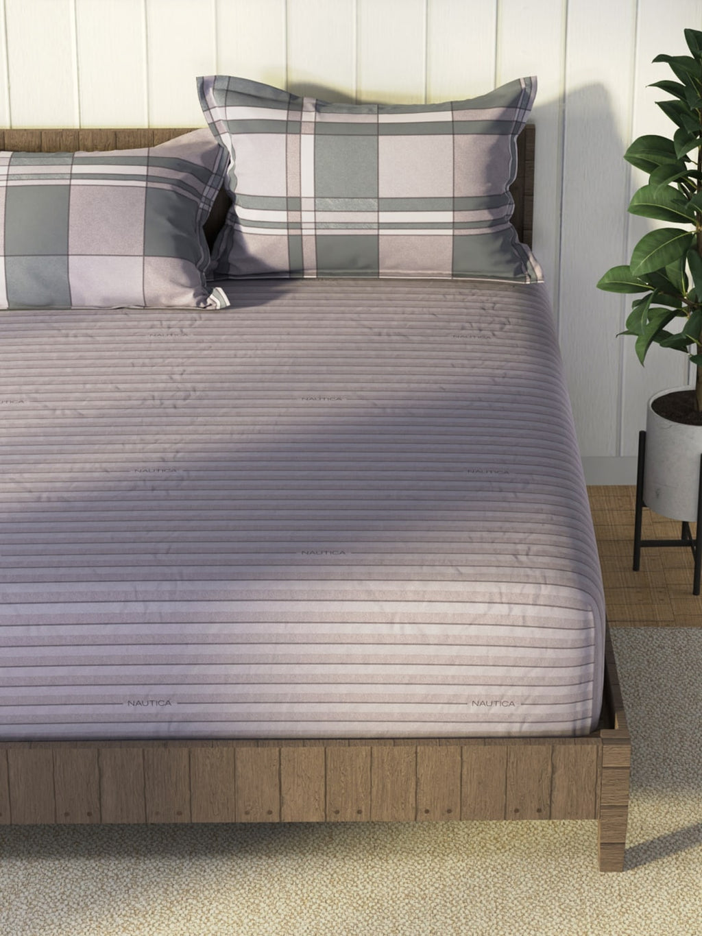 Nautica Grey & Blue Striped Cotton 160 TC King Bedsheet With 2 Pillow Covers | Grocsy