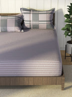 Nautica Grey & Blue Striped Cotton 160 TC King Bedsheet With 2 Pillow Covers | Grocsy