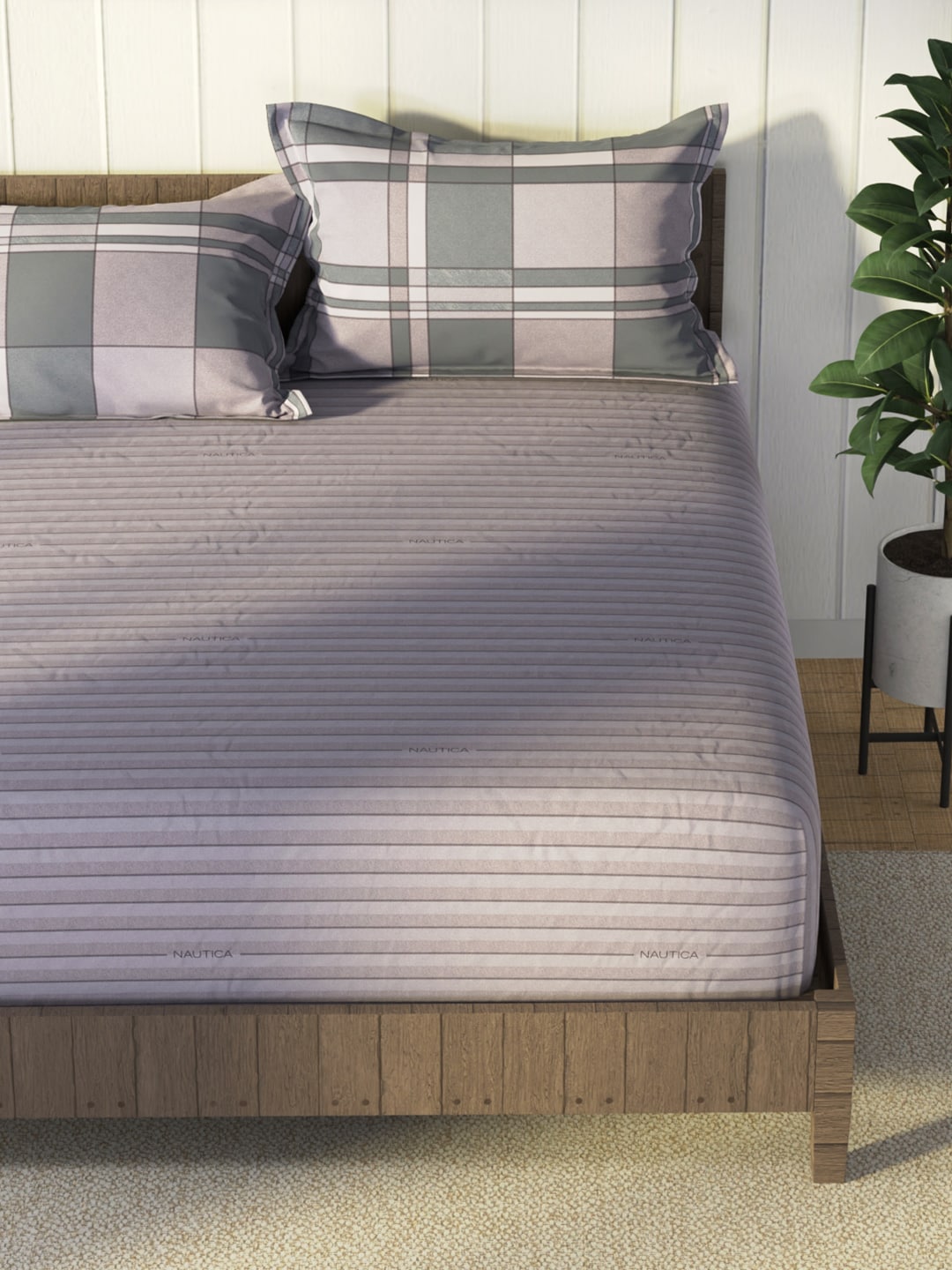 Nautica Grey & Blue Striped Cotton 160 TC King Bedsheet With 2 Pillow Covers | Grocsy