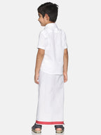 Sethukrishna White Pure Cotton Solid Shirt and Veshti Set For Boys | Grocsy