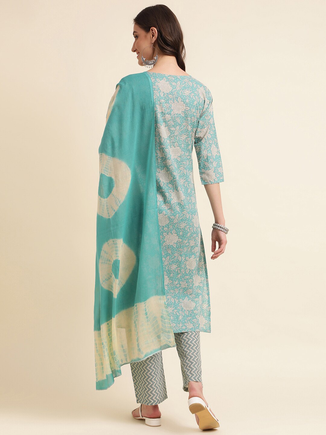 Sangria Green & Cream Floral Printed Pure Cotton Straight Kurta With Trouser | Grocsy