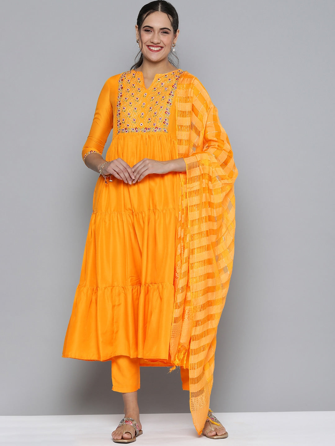 HERE&NOW Women Yellow Embroidered Kurta with Trousers & With Dupatta | Grocsy