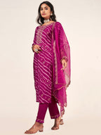 Sangria Leheriya Printed Embroidered Straight Kurta With Trousers & Dupatta | Grocsy