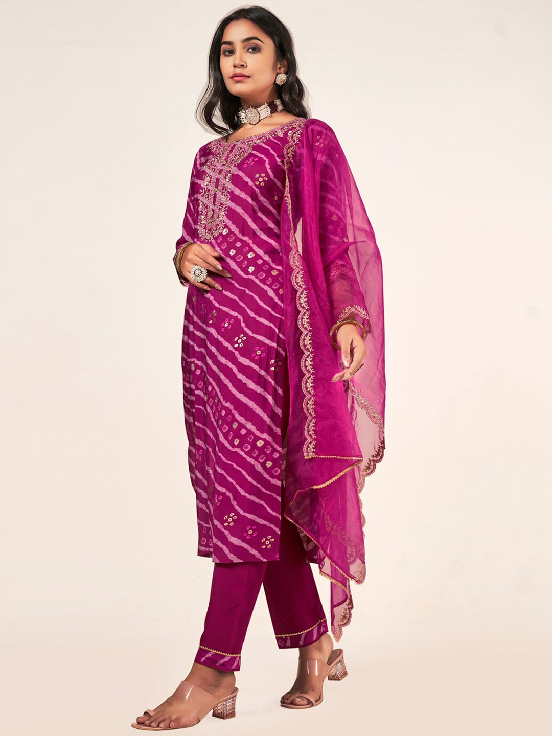 Sangria Leheriya Printed Embroidered Straight Kurta With Trousers & Dupatta | Grocsy