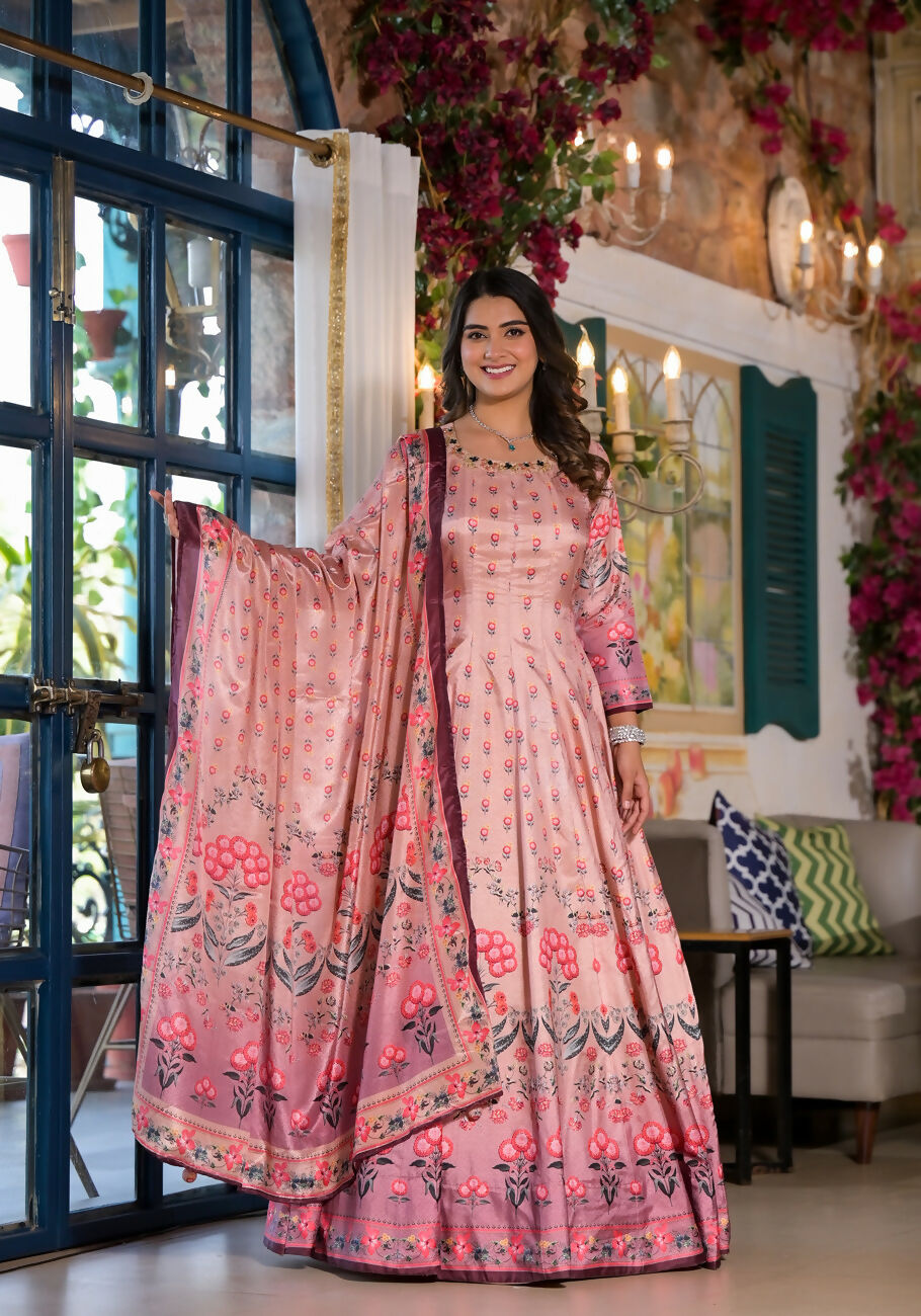 Partywear Designe rPeach Dola Silk Anarkali suit with Dupatta - Samyukta | Grocsy