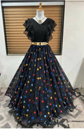 Dishitha Creation Color Dot Printed Stitched Lehenga & Crop Top - Black & Black | Grocsy