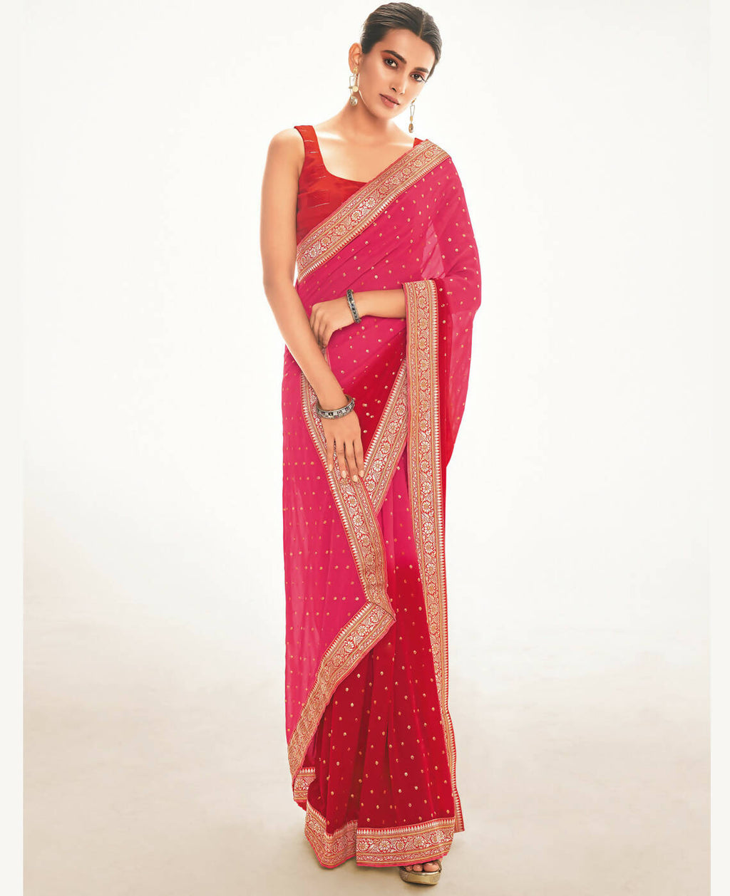 Pink Georgette Foil Printed Saree With Unstitched Blouse Piece - Nitya | Grocsy
